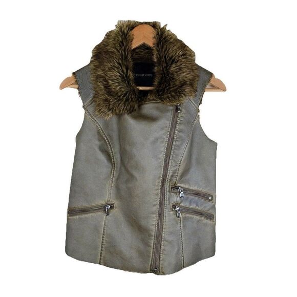 Maurice's Faux Leather Fur Asymmetrical Gun Metal Green Vest Jacket Womens Small - Picture 1 of 10